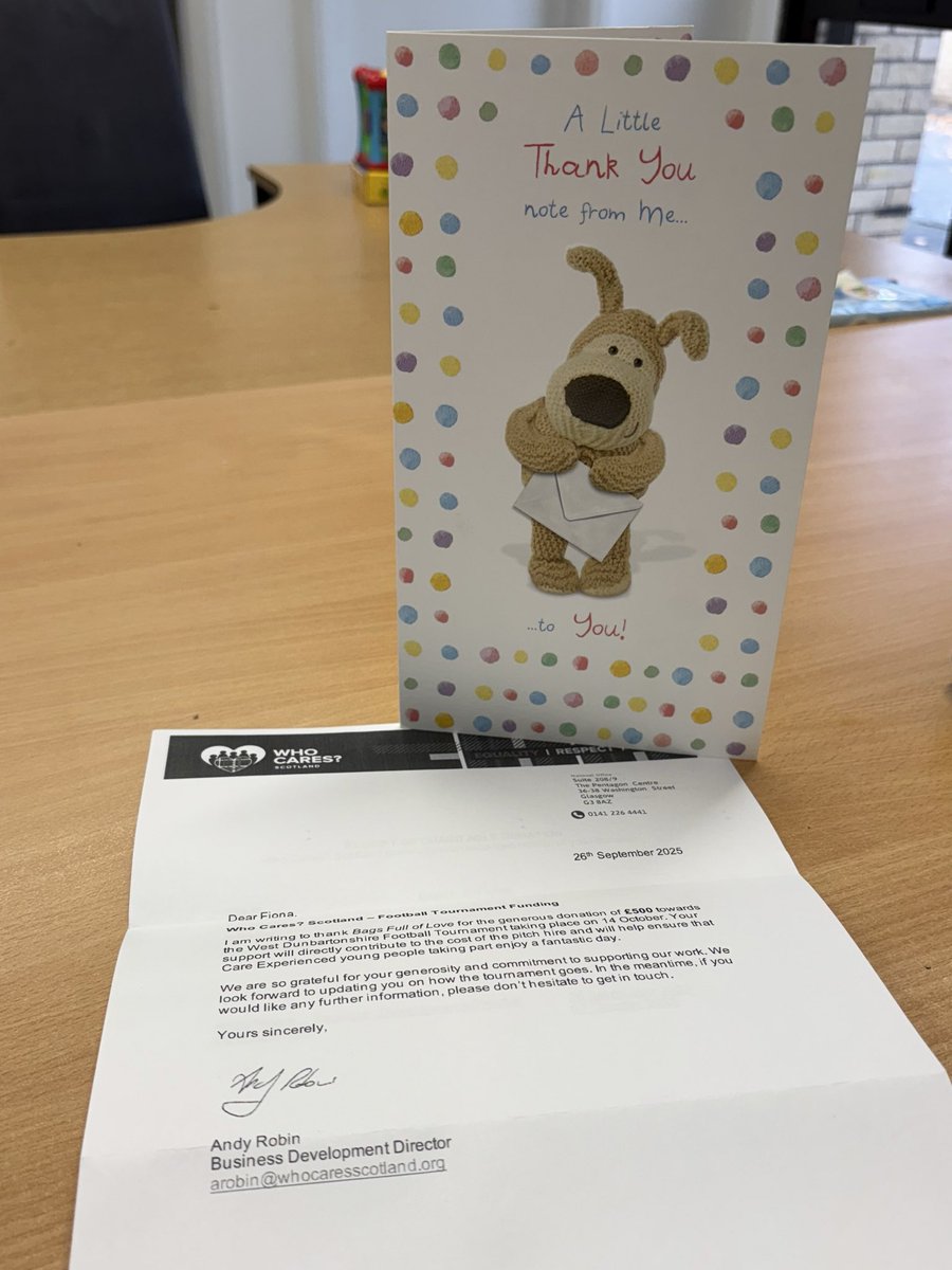 What a lovely card we have received from <a href="/wdhscp/">West Dunbartonshire Health+Social Care Partnership</a> champs board &amp; <a href="/whocaresscot/">Who Cares? Scotland</a> We have made a donation to their upcoming football tournament which takes place next Week for all care experienced children in West Dunbartonshire.
We wish you every success 💜