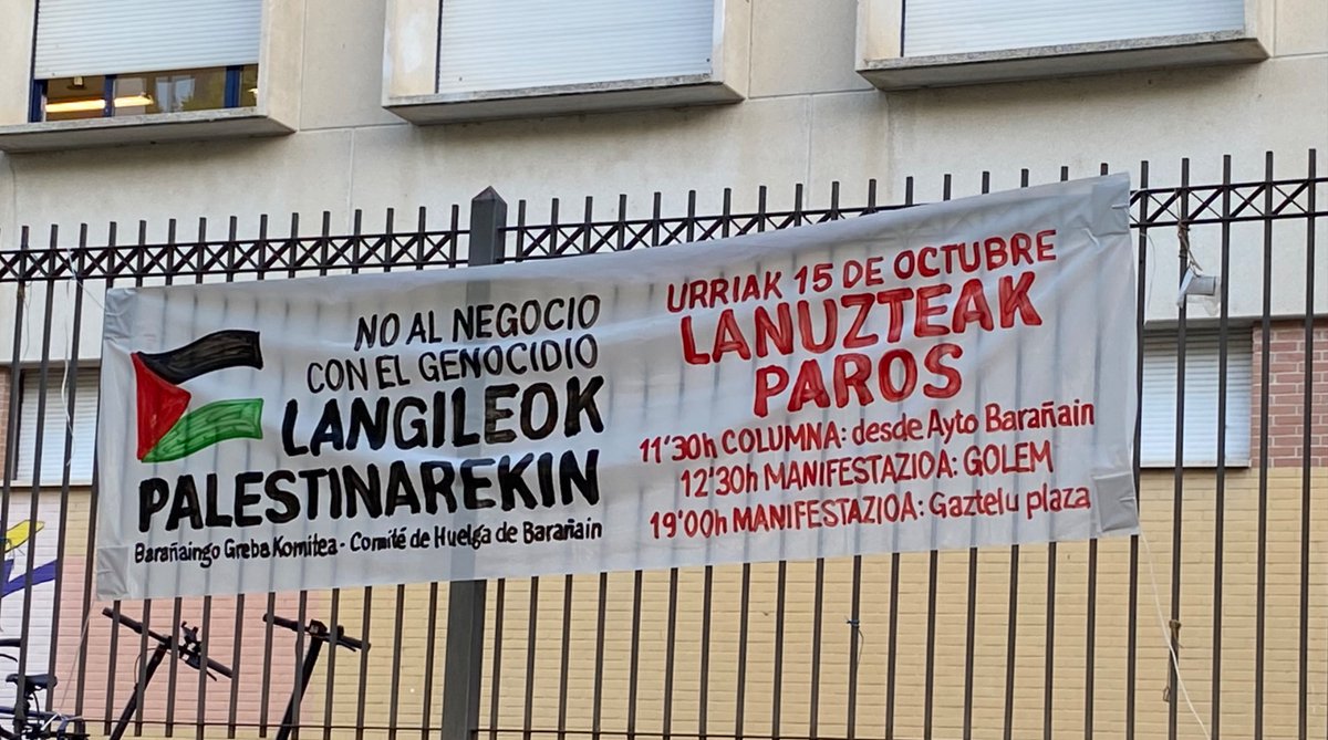 SortuBaranain's tweet image. Bat egiten dugu Barañaingo Greba Komitearen deialdiarekin. 
Urriak 15 lanuzteak. 
(11:30tan Barañaingo Udal Plazan manifestazioa Golemetaraino). 
🇵🇸Palestina Askatu.