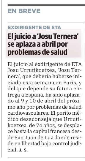 El sanguinario dirigente etarra 'Josu Ternera' fue detenido en 2019 después de 17 años prófugo de la justicia.

En 2025 todavía no ha sido juzgado por sus crímenes en Francia y ahora se aplaza su juicio a abril de 2026. 

Probablemente nunca será juzgado en España por los