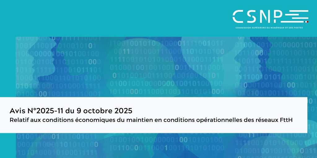 ✅Publication de l'avis n°2025-11 de la <a href="/CSNUMPOST/">Commission Supérieure du Numérique et des Postes</a> sur le modèle économique des RIP

Dans le cadre de la consultation de l'<a href="/Arcep/">Arcep</a>, les membres de la CSNP rappellent leur attachement à la mise en place d'un système de #péréquation national.

📖À lire ici : csnp.fr/avis
