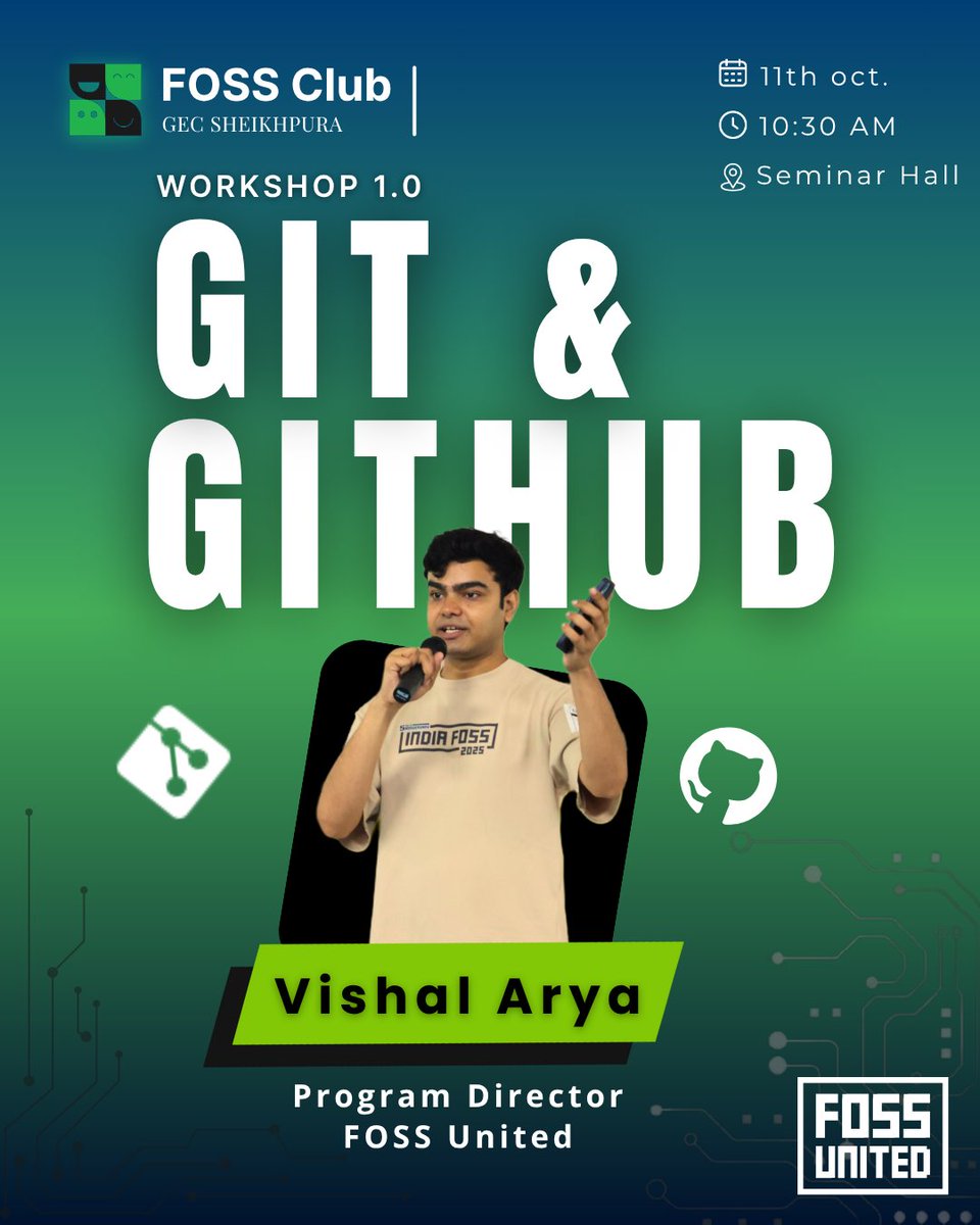 FOSSClubGECS's tweet image. One day to go🚀 
Let&apos;s deep dive in this mastering Git and GitHub hands-on workshop led by Vishal Arya @fossdot (Program Director @fossunited)
Date- 11 Oct 2025
Venue- Seminar, GEC Sheikhpura, Bihar

Must Visit- fossunited.org/c/gec-sheikhpu…