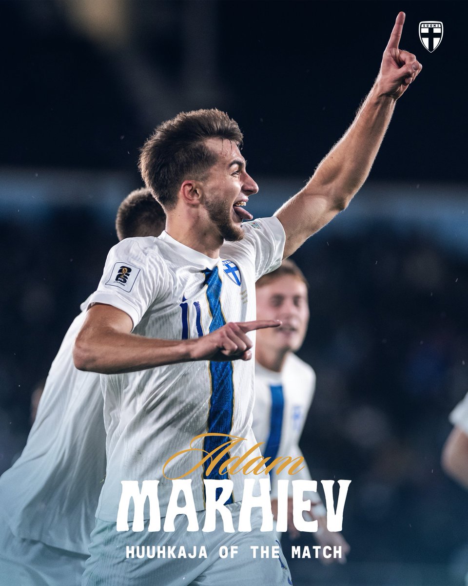 Huuhkajat's tweet image. Te äänestitte Liettua-ottelun Huuhkaja of the Match -pelaajaksi Adam Marhievin! 🦉

Jälleen kovaa asennetta keskikentällä, ja kruununa upea voittomaali! 👑

#Huuhkajat #MeOlemmeSuomi #POLFIN #WCQ