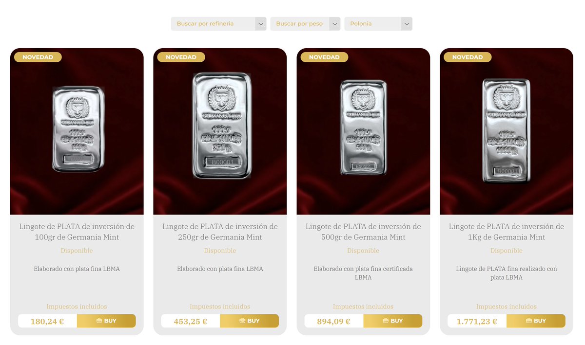 Presentamos nueva colección de lingotes de plata fina (999,9) LBMA de Germania Mint. Desde 100gr, hasta 1 Kg. Se presentan sellados y en una preciosa caja negra y dorada