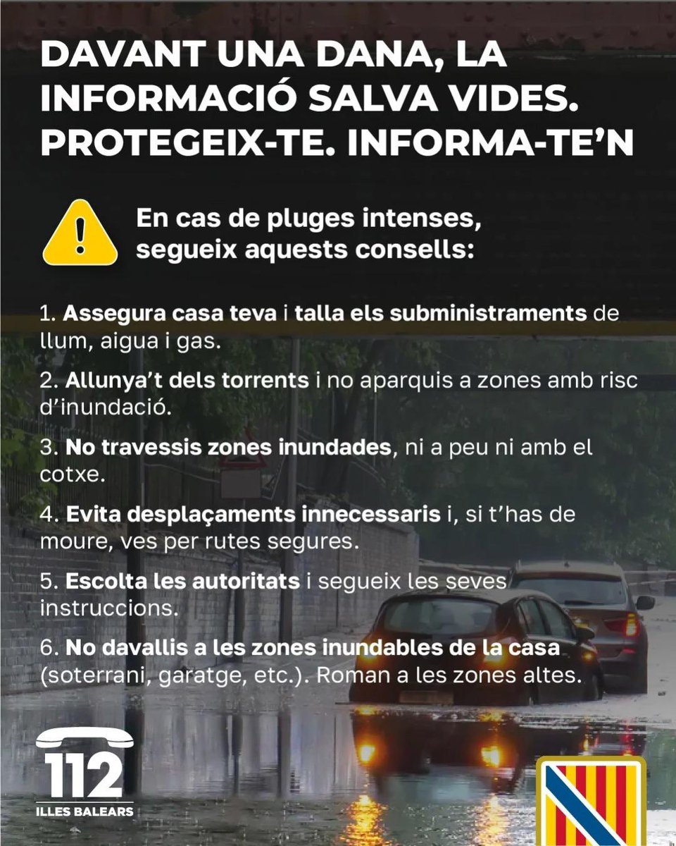 ⚠️ Actualització de les alertes per meteorologia adversa ⛈️

🟠 Activada l’alerta taronja (IG-1 del Pla Meteobal) per pluges i tempestes ☔️ a Eivissa, Formentera i Mallorca.

🟡 Activada l’alerta groga (IG-0 del Pla Meteobal) per pluges i tempestes ☔️ a Menorca.

Us demanam