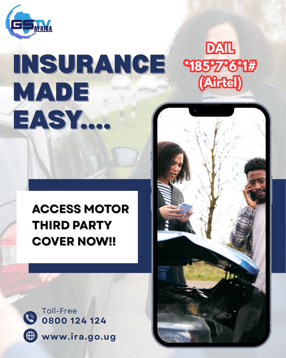 GstvAfrica's tweet image. Third Party Insurance safeguards both you and others from unexpected loss or damage.
 Be responsible. Be insured.

Dial *185*7*6*1# (Airtel) to get covered today.#InsuranceAwareness #DriveSafe #StayProtected