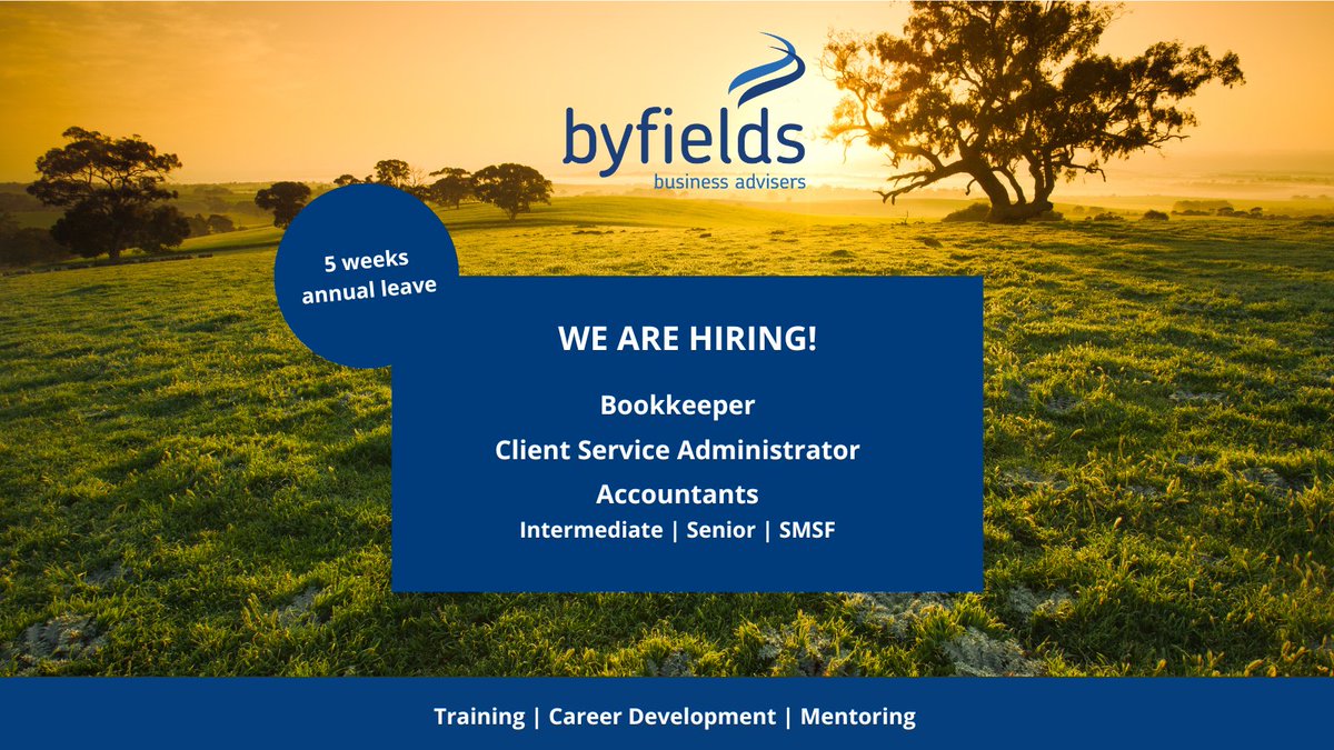 ByfieldsWA's tweet image. We’re growing!

If you’re a Bookkeeper, Client Service Administrator, or Accountant (Intermediate, Senior, SMSF), we’d love to hear from you!

👉 Apply today: ow.ly/37eZ50X9Ajm

#AccountingCareers #WAJobs #ByfieldsTeam #WorkAtByfields #PublicPractice #AccountingLife