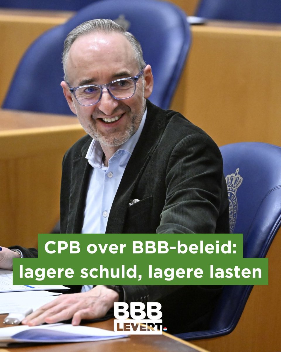 “Gezond verstand loont.”

Onder het BBB-pakket verbetert het begrotingssaldo, daalt de staatsschuld en blijft de koopkracht op peil. 

Doorrekening Centraal Planbureau (CPB) bevestigt dat het financieel beleid van BBB solide, nuchter en toekomstbestendig is. 🇳🇱 #BBBLevert👇🏻
