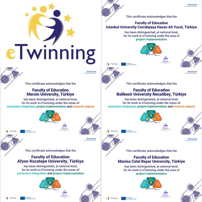 Four certificate images displayed side by side. The first shows a gold star emblem with text acknowledging Istanbul Arel University in Turkey for distinguished national level work in curriculum integration with eTwinning projects. The second features a similar emblem recognizing Balikesir University in Turkey for national level project implementation in education. The third certificate notes Manisa Celal Bayar University in Turkey for distinguished national level curriculum integration and project work with eTwinning. Each includes EU and eTwinning logos along with university seals.