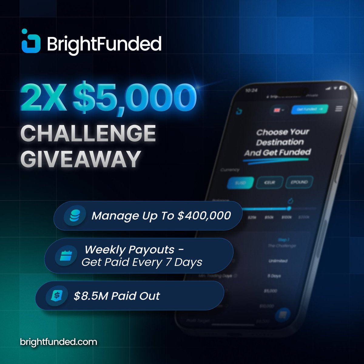 SarkiTutorial's tweet image. ๐ FREE $5K CHALLENGE ACCOUNT GIVEAWAY ๐
How to enter:
โ
Followย
@BrightFunded @SarkiTutorial
โ
Repost this post
โ
Tag 3 friends in comments
โ
Get 15 Verified Votes for BrightFunded on PropFirmMatch
โ
Send proof in comments (screenshots)