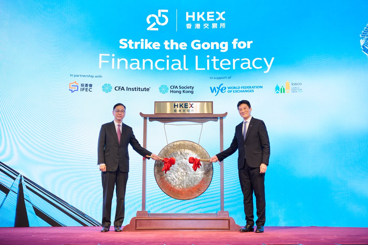 In celebration of #WorldInvestorWeek, HKEX joined with IFEC, the  @CFAinstitute, and CFA Society Hong Kong in a Strike the Gong ceremony  yesterday to advance financial literacy through insightful conversations on  how #technology