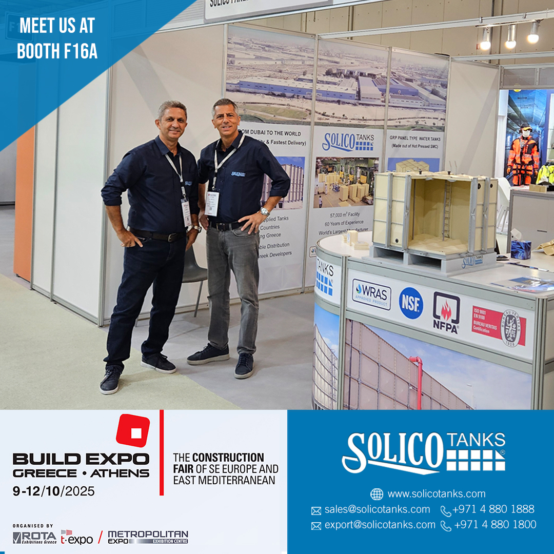 SolicoTanks's tweet image. At Solico Tanks, we’re shaping the future of sustainable #water management — and we’re bringing our expertise to @buildexpogreece 2025! Join our General Manager, Mr. Jacques Bechaalani, and Export Sales Manager, Mr. Nadim Braidy, as they showcase our innovative #GRP #watertanks!