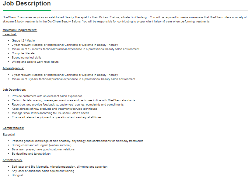 Job Alert!!!

Company: Dis-Chem Pharmacies
Position: Beauty Therapist
Location: Midrand, Gauteng
Click here to apply: spanihunter.co.za/single-job/?id…
Closing Date: 30 Dec 2025

Please refer to the picture for more info