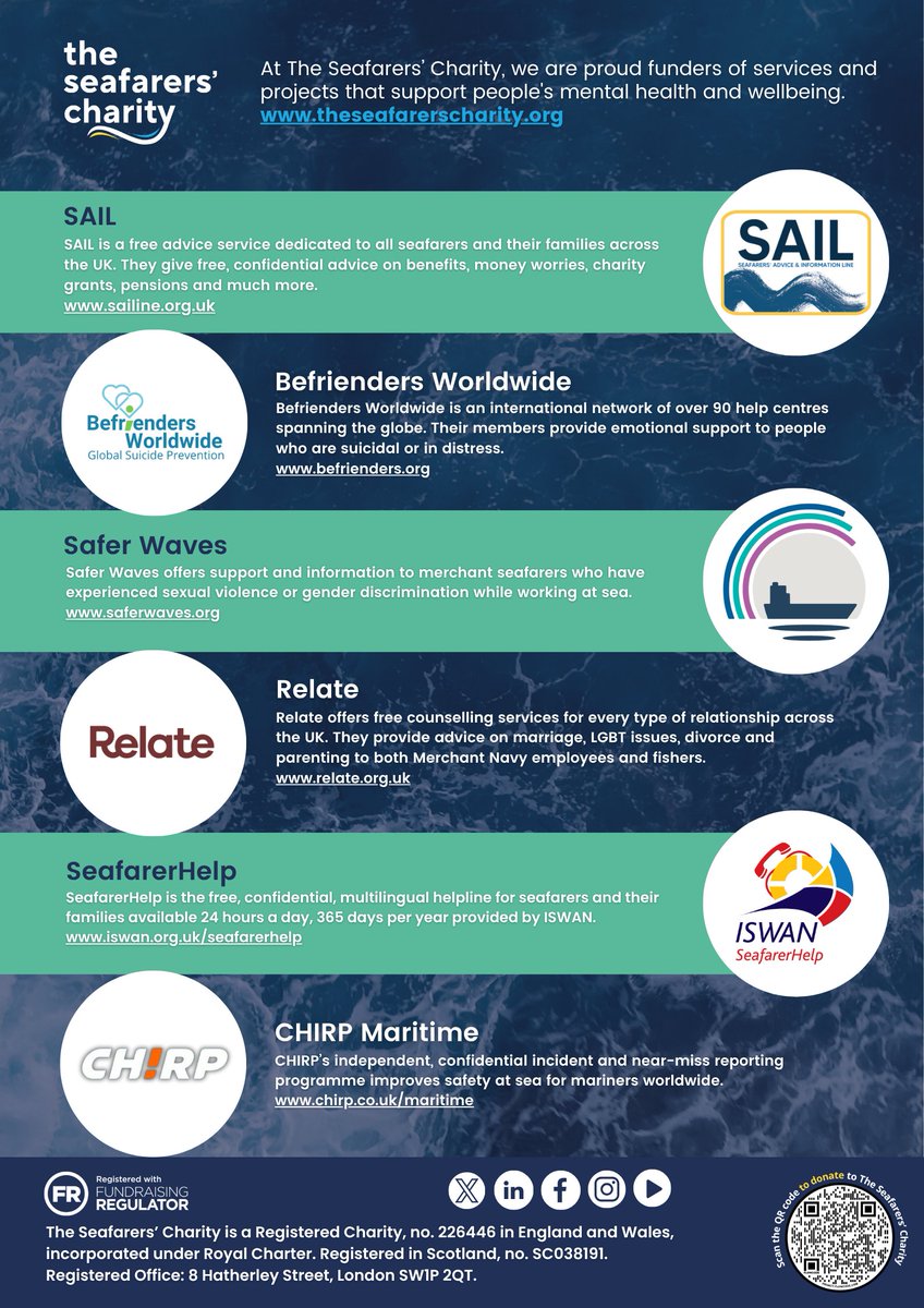 Today is #WorldMentalHealthDay! 💚
#WorkingAtSea can be rewarding, but it can also feel lonely &amp; isolating. We’re proud to fund vital services &amp; projects that support seafarers’ #MentalHealth and wellbeing.
Help us raise awareness and continue our work 👇
theseafarerscharity.enthuse.com/donatesm