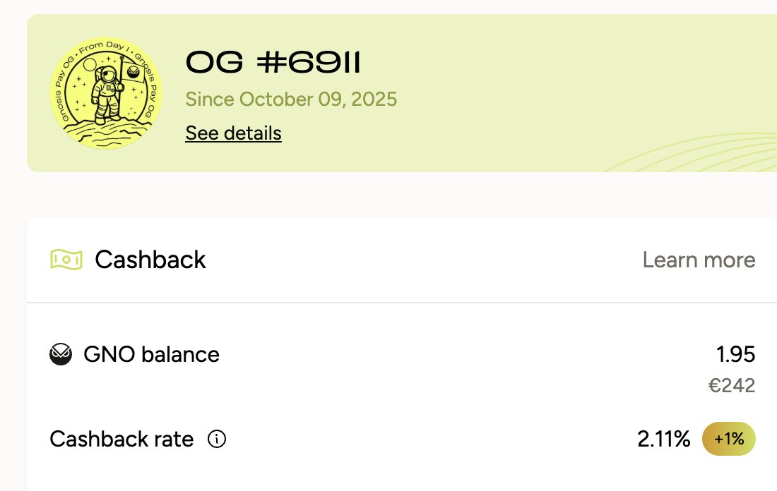 Seems like I randomly got the OG NFT for my Gnosis Pay Card!!! 😀
Thanks <a href="/gnosispay/">Gnosis Pay 🦉💳</a> !!! A really nice surprise.