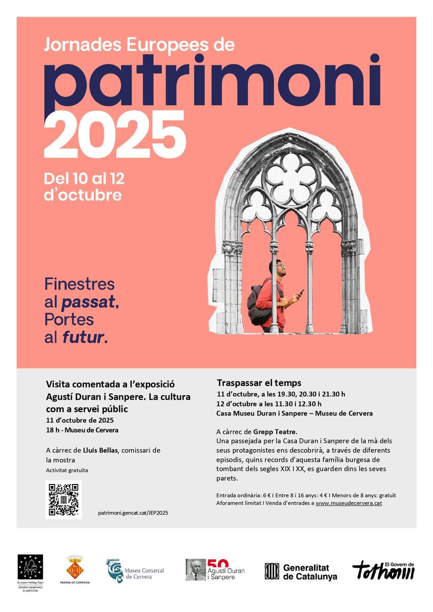 🎉 A Cervera celebrem les Jornades Europees de Patrimoni #JEP2025
🗣️ Visita guiada a l’exposició, a càrrec del comissari, “Agustí Duran i Sanpere. La cultura com a servei públic”

📅 Demà, dissabte 10/10, 18 h
📍 Casa Duran i Sanpere (seu del <a href="/museudecervera/">Museu de Cervera</a>)