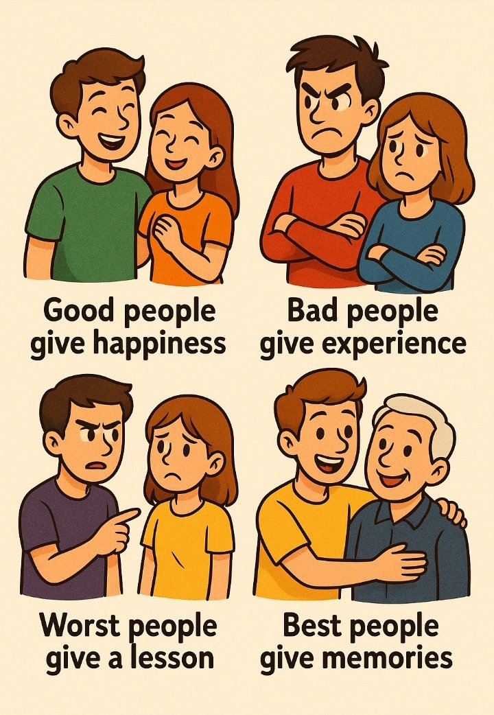 Exspeedikay1's tweet image. 🌥️DAILY REMINDER🔔

Every person in your Life has their Mark is either Good, Bad, Worst and Best.

So *Good people give happiness, Bad people give experience, worst people give a lesson and the best people give memories.*✌️