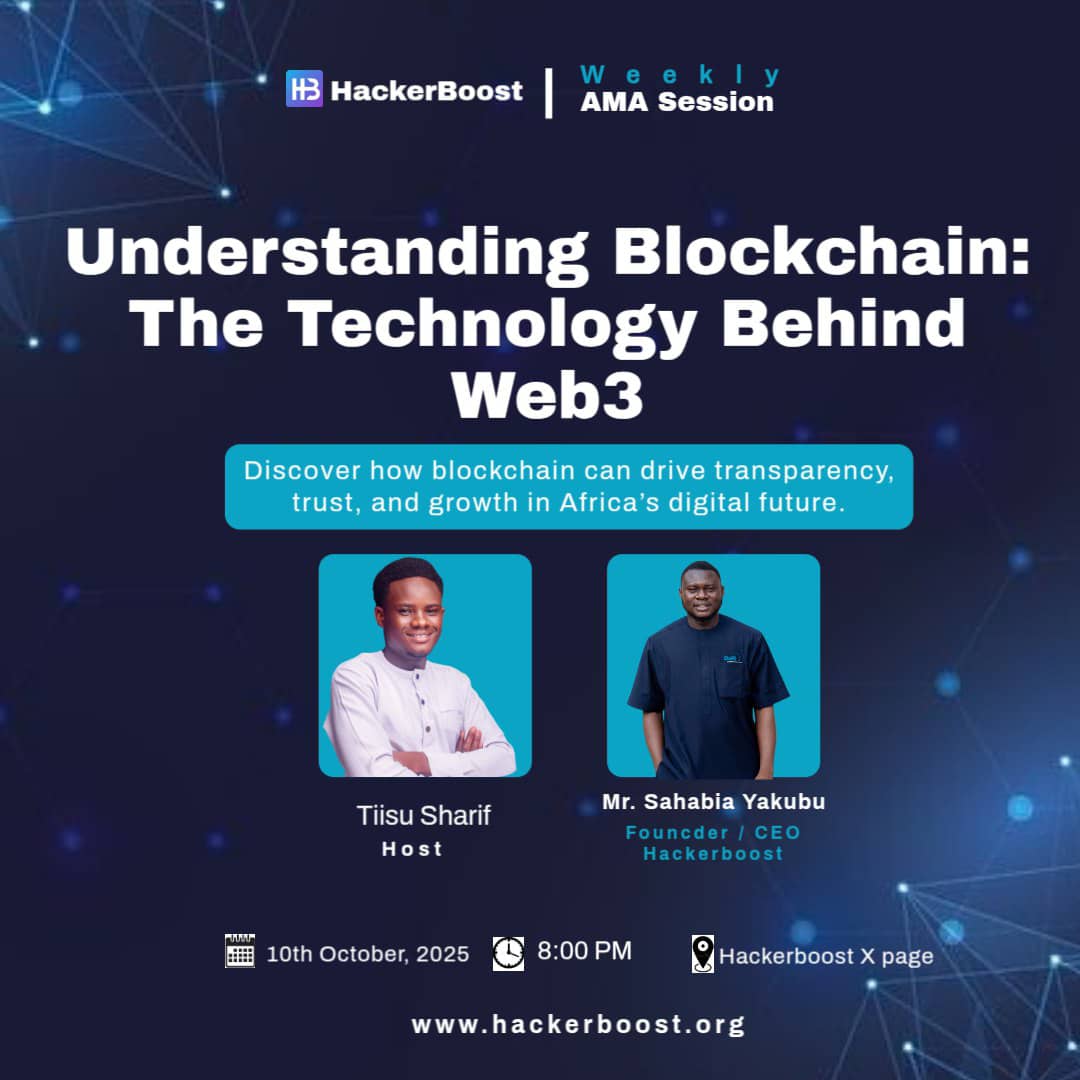 HackerBoostX's tweet image. 🚀 Happening tonight!
Join our HackerBoost AMA - Blockchain Unlocked: The Tech Behind Web3 💡

Learn how blockchain is transforming Africa’s tech space 

🕗 8 PM | 🎙️ Host: @Tiisu_Sharif
👤 Speaker: @sahadevgh
🔗 x.com/i/spaces/1Yqxo…

#DEFİ #Web3 #Hackerboost #AMA #BUIDL