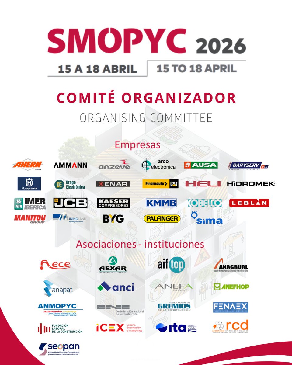 Comité Organizador de #SMOPYC2026 con asociaciones y empresas que impulsan el futuro del sector.  

Nos alegra anunciar las tres nuevas incorporaciones: 
🔸 ANCI (Asociación Nacional de Constructores Independientes)
🔸 Husqvarna
🔸 ITAINNOVA (Instituto Tecnológico de Aragón)