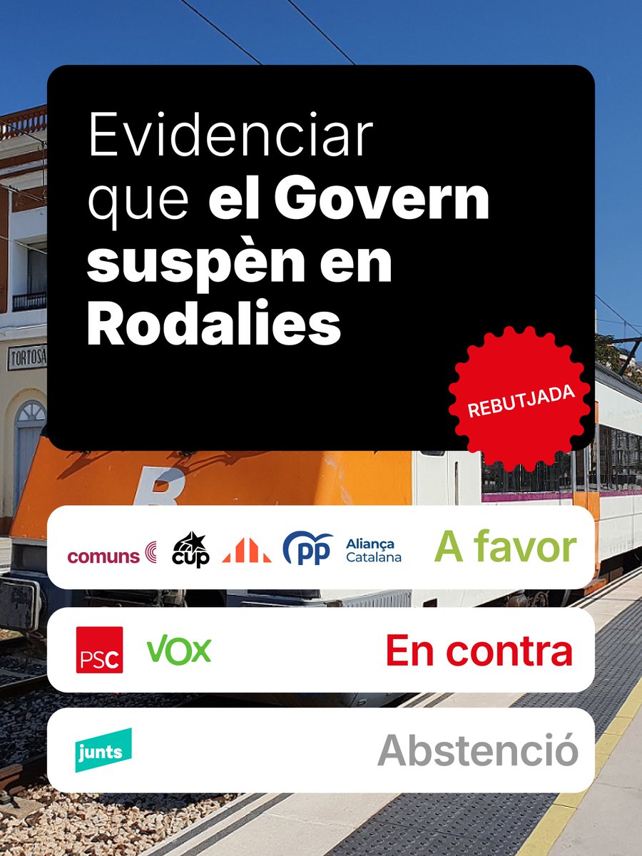 🚆Rodalies ha de ser la prioritat. No podem tenir el transport públic que agafen cada dia els catalans amb rècord d'incidències.

PSC, Junts i VOX potser no agafen Rodalies, però està clar que la feina del Govern està més centrada a ampliar l'aeroport que en millorar els trens.