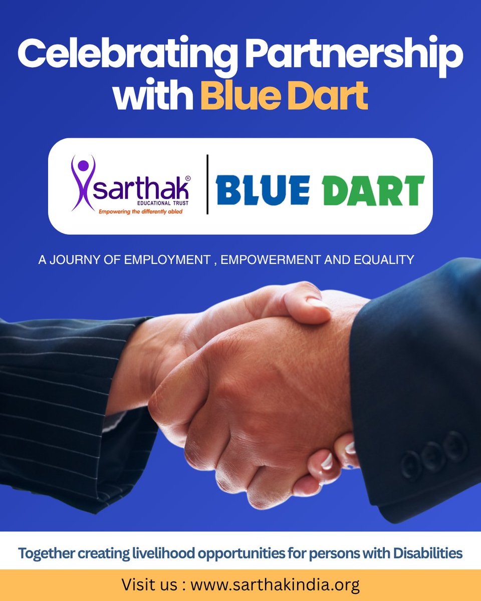 jit_aggarwal's tweet image. Celebrating Partnership with @BlueDart_
Together with Sarthak Educational Trust, Blue Dart is empowering 30+ Persons with Disabilities with confidence, dignity &amp;amp; independence. 💙
🔗 rozgarsarathi.org 
#BlueDart #SarthakEducationalTrust #InclusionAtWork #PwDEmpowerment