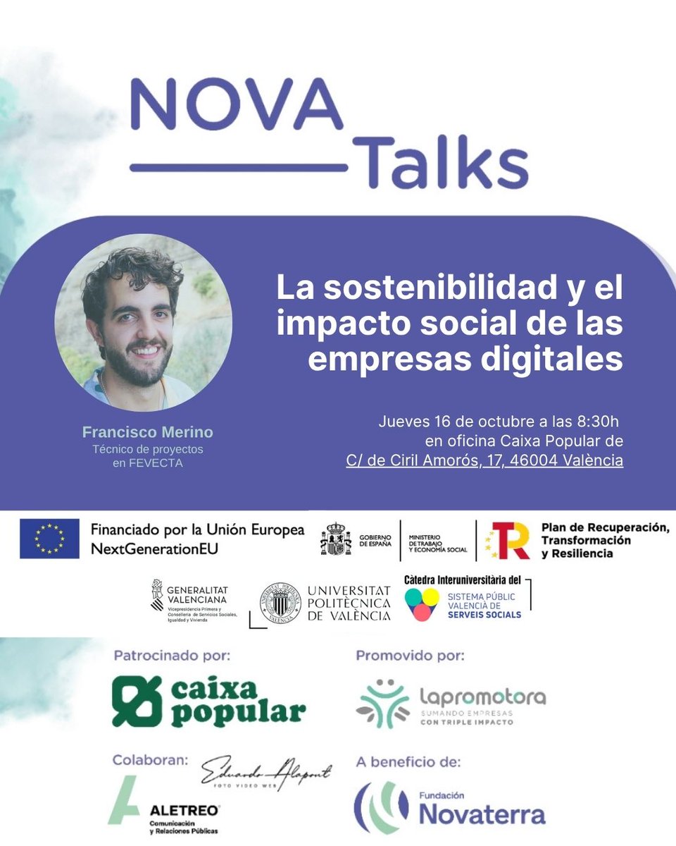 La innovación digital solo tiene sentido si genera también valor social 🌱
XIV edición de #NOVA_Talks, un debate sobre sostenibilidad e impacto en las empresas digitales.
🗓️ Jue 16/10 – 8:30h
📍 Caixa Popular (València)
Inscríbete gratis 👉 my.weezevent.com/novatalks-sost…