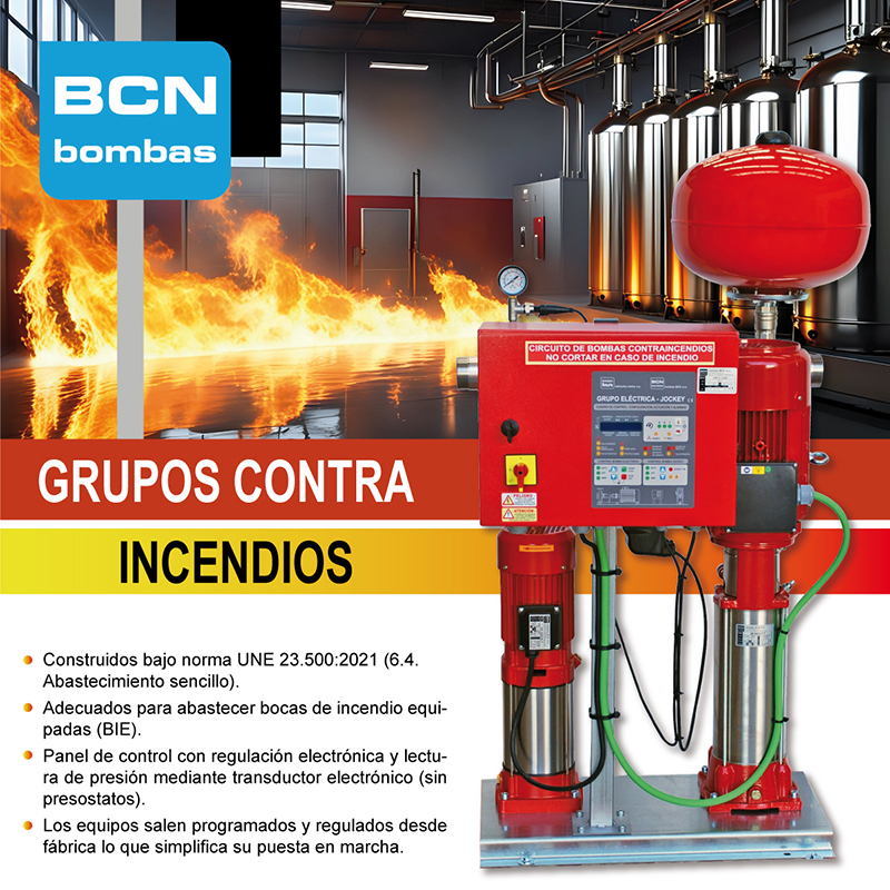 Grupos de presión contra incendios de BCN bombas compuestos por bomba principal eléctrica más bomba jockey, construidos bajo la norma UNE 23.500:2021 (6.4. Abastecimiento sencillo) adecuados para abastecer bocas de incendio equipadas (BIE).