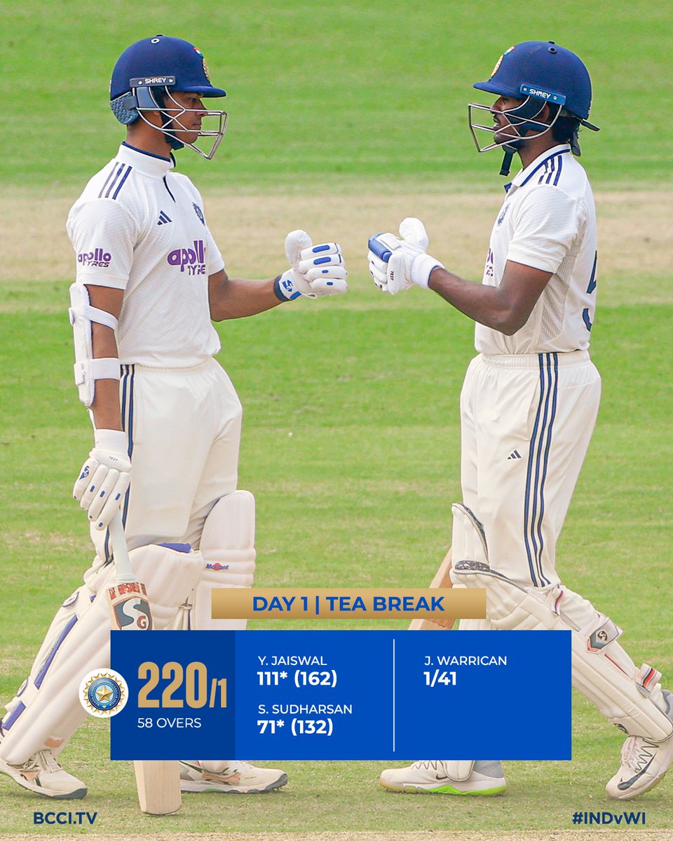 BCCI's tweet image. Time for Tea on Day 1️⃣ 🫖

#TeamIndia with another fruitful session 🔥

Yashasvi Jaiswal on 1️⃣1️⃣1️⃣*(162)
Sai Sudharsan on 7️⃣1️⃣*(132) 

Scorecard ▶ bit.ly/INDvWI-2ndTEST…

#INDvWI | @IDFCFIRSTBank | @ybj_19 | @sais_1509
