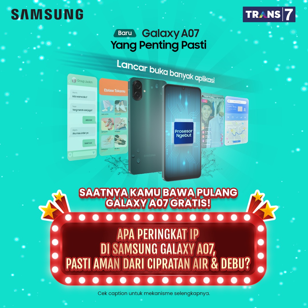 Hobi buka banyak aplikasi tapi takut Smartphone lemot? Jangan takut, pake Samsung #GalaxyA07 dijamin lancar, yang penting pasti anti lemot 😎 Buruan ikutan kuisnya, dan langsung jawab pertanyaan dari  mimin!

Cuma jawab 1 pertanyaan gampang, kamu bisa bawa pulang Samsung Galaxy