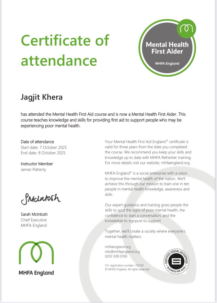 Coach Jagjit recently undertook a 2 day Mental Health First Aider course and received his certificate today coinciding with World Mental Health Day. If you are struggling someone wants to help, please reach out.