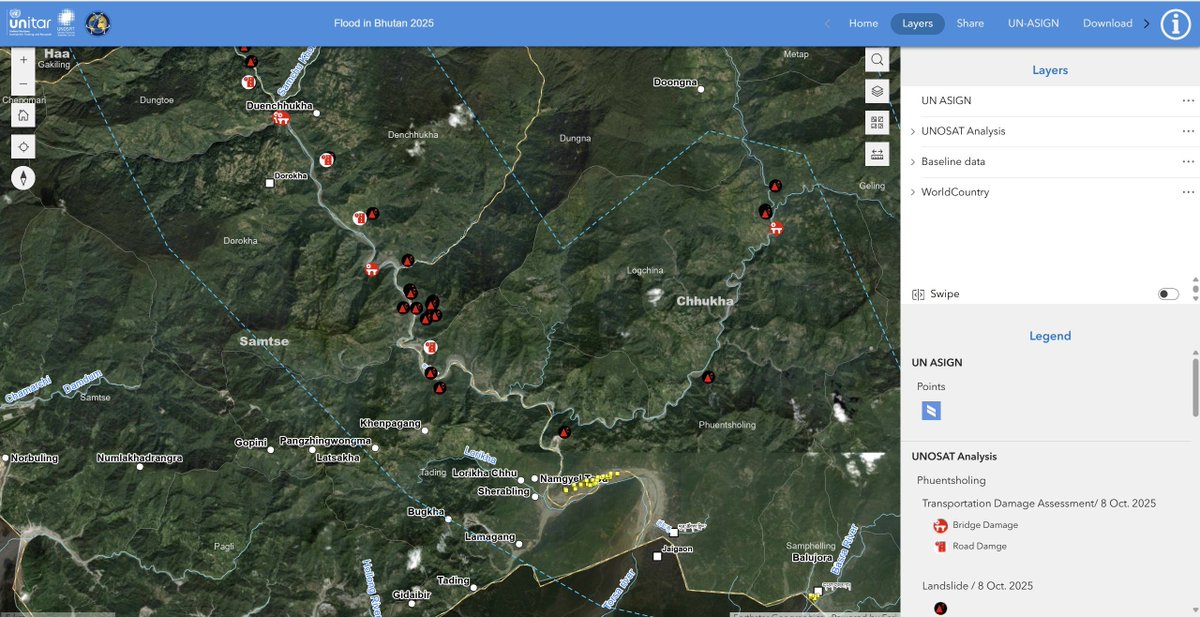 Preliminary satellite-derived #flood impact assessment – Amo River, #Bhutan. Destroyed bridges, flooded buildings &amp; landslides observed along the Amo River in Haa, Samtse &amp; Chhukha Districts. Increased water extent detected across the area. 
Live web map: unosat.org/products/4208