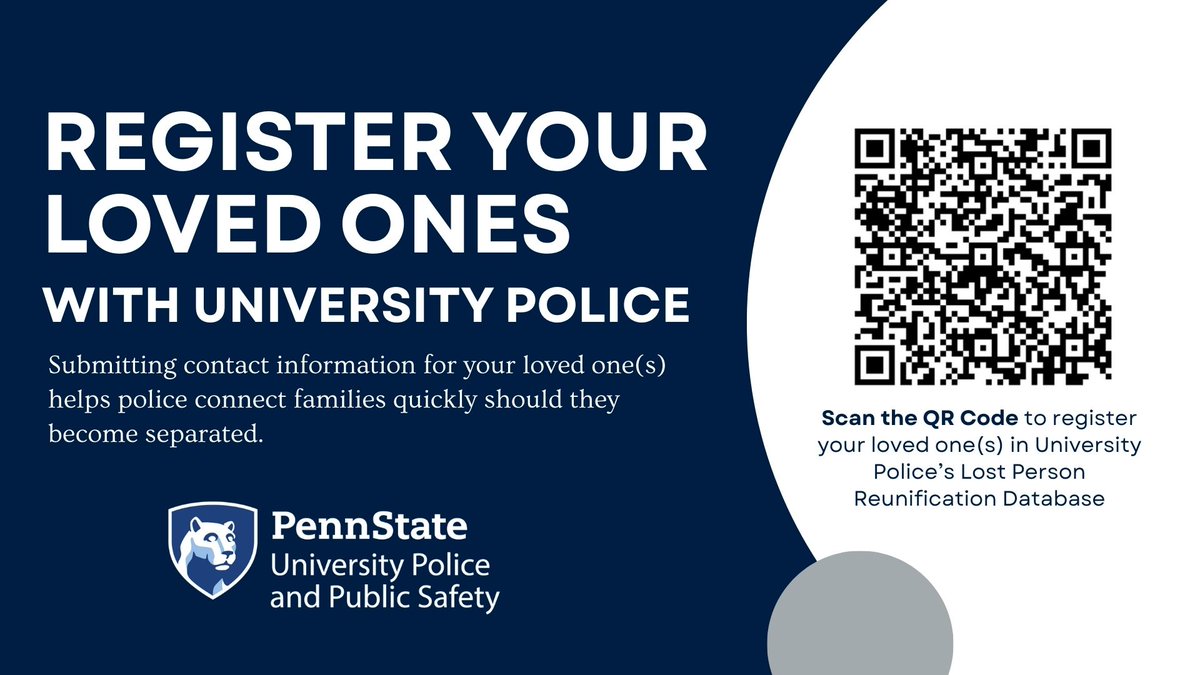 Heading to the game this weekend?
When you see these signs around the stadium, click on the QR code to enter your family's information in case you get separated. Doing so helps police connect you quickly.

#PennState #PennStatePolice #PennStatePublicSafety