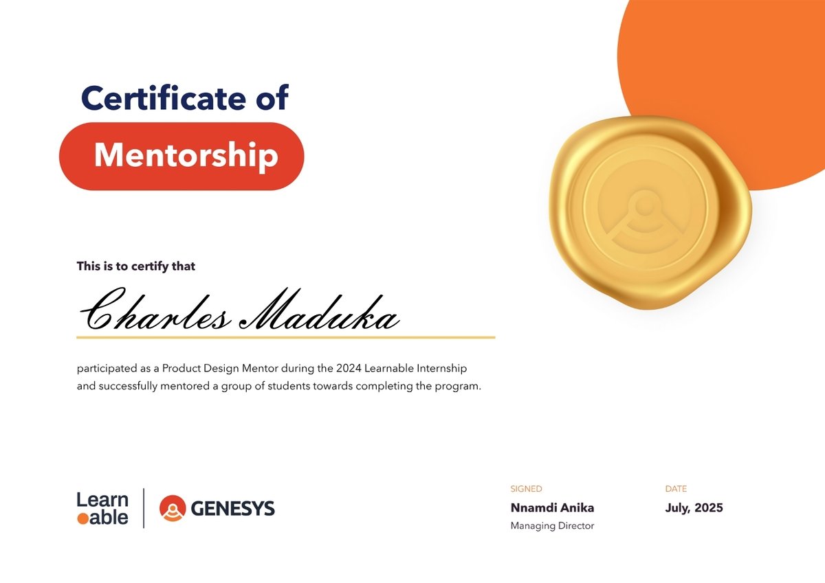 From being mentored to becoming a mentor

Grateful to be certified as a mentor in the <a href="/_learnable/">Genesys Learnable</a> Internship Program <a href="/genesystechhub/">Genesys Tech Hub</a> 
It’s a full circle moment, giving back to the same community that helped shape me.
#Mentorship #LearnableProgram #GenesysTechHub
