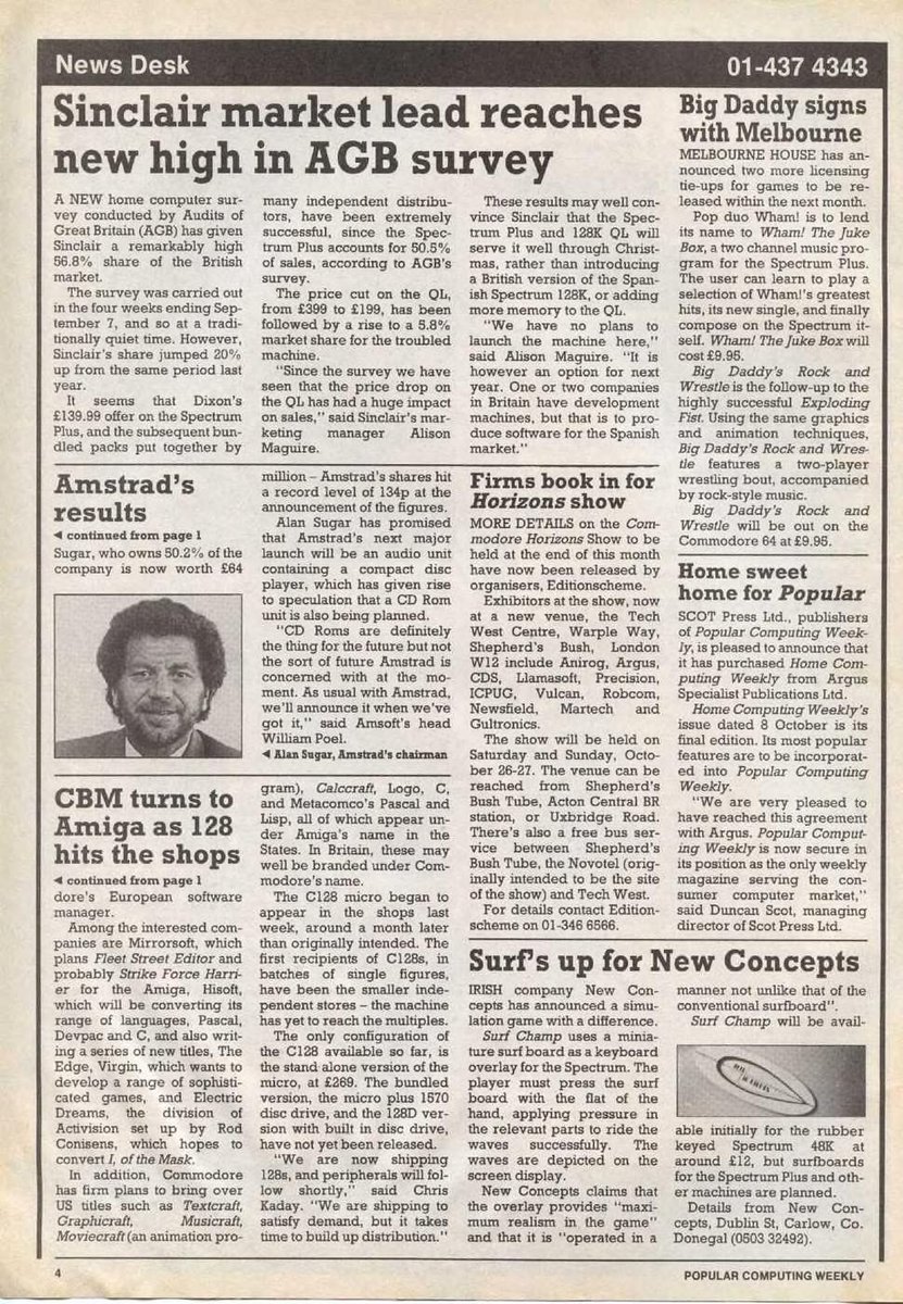 40 years ago, Commodore began selling Amiga Euro dev systems for today's equivalent of £5,300 each. Oy! Meanwhile, wideboy Alan Sugar was avin' it large with a record £20m profit, while also stating CD-ROMS "are not the sort of future Amstrad is concerned about at the moment."😆