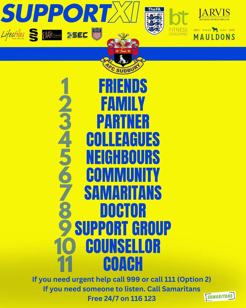 AFC Sudbury (@afcsudbury) on Twitter photo You are not alone.
On World Mental Health Day, here's an XI who can offer support during times of need. 💛💙
<a href="/samaritans/">Samaritans</a> You are not alone.
On World Mental Health Day, here's an XI who can offer support during times of need. 💛💙
<a href="/samaritans/">Samaritans</a>