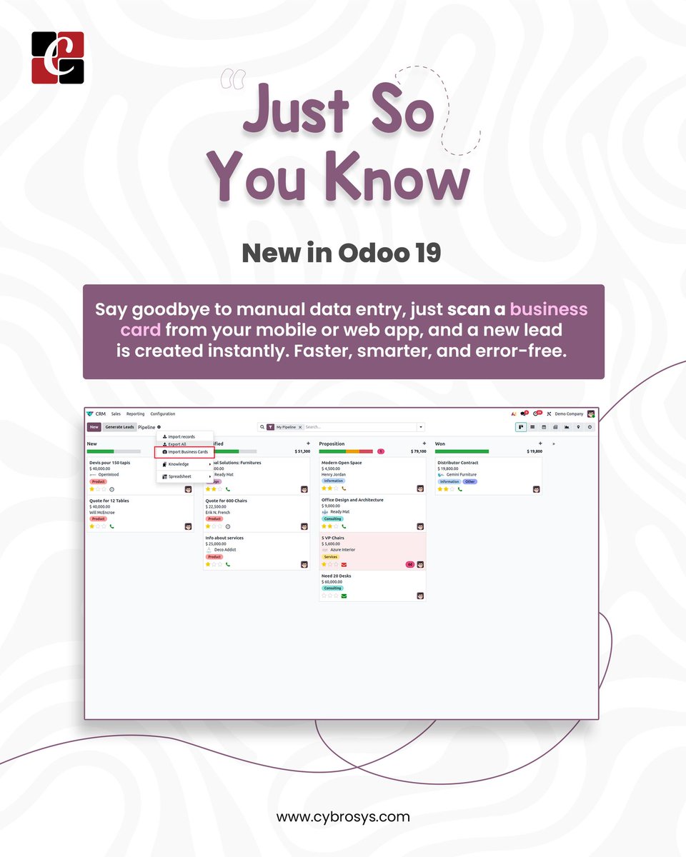 Cybrosys's tweet image. ✨ New in Odoo 19: Seamless Lead Generation! ✨ The new business card scanning feature integrates seamlessly into your CRM workflow. It&apos;s a professional solution for sales teams to turn networking efforts into actionable, qualified leads instantly.
#Odoo19 #CRMSystem #OdooUpdate