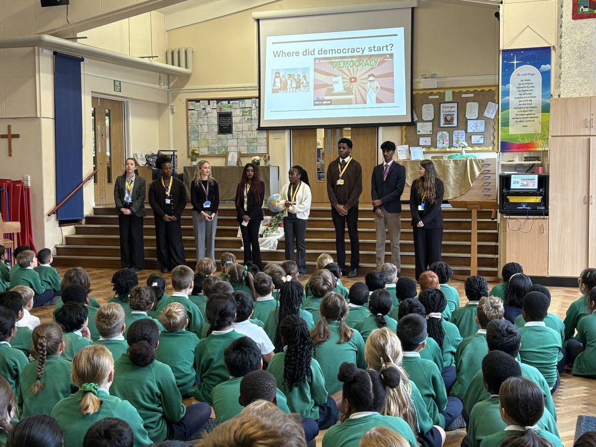 This morning, KS2 welcomed the student leadership team (featuring a couple of former SVdP pupils) from <a href="/thejhnschool/">The Saint John Henry Newman Catholic School</a> who led an assembly all about democracy. 
Thank you for the inspiration ahead of our own democratic vote for school parliament members!