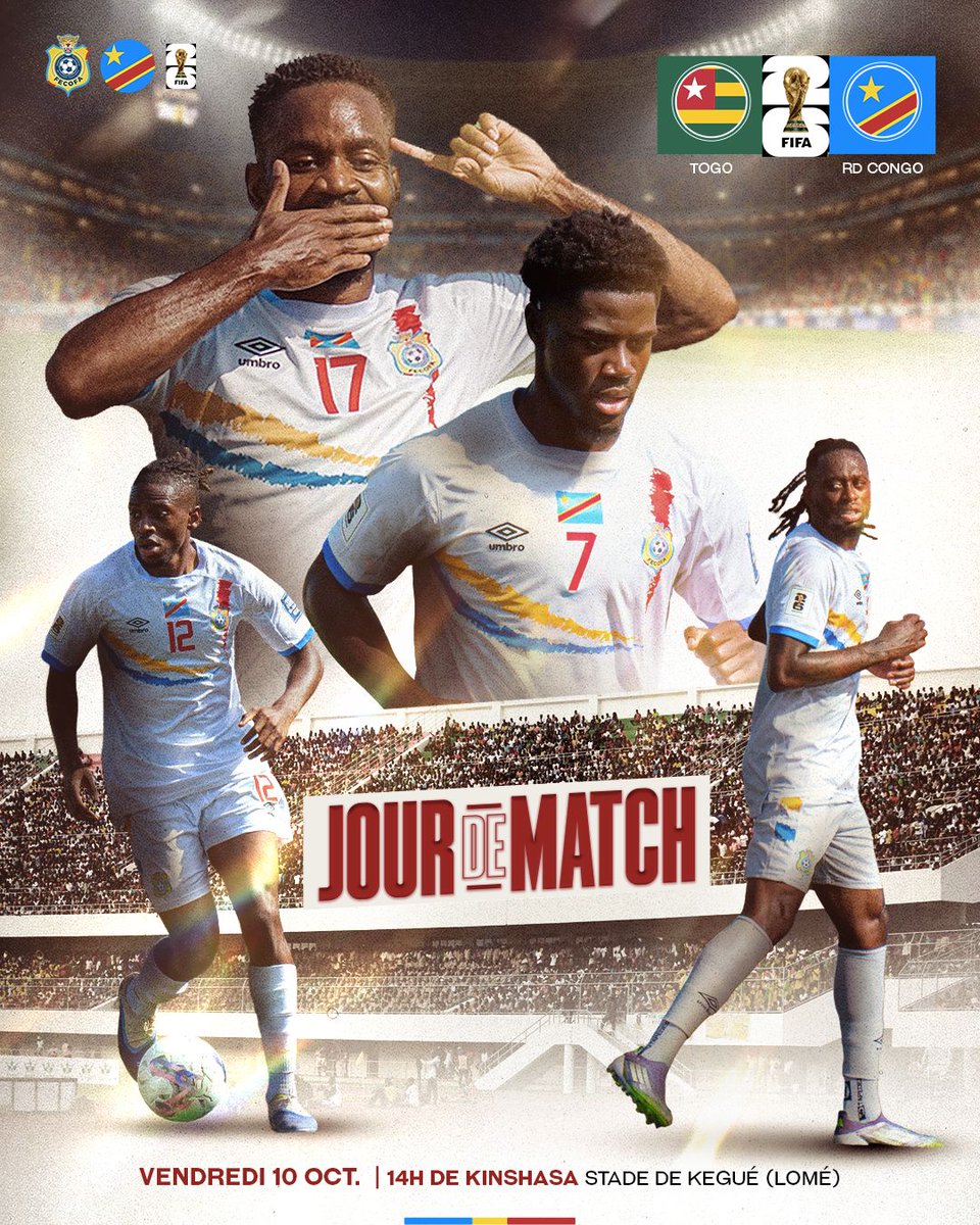 FecofaRdc's tweet photo. 🔥 𝐉𝐎𝐔𝐑 𝐃𝐄 𝐌𝐀𝐓𝐂𝐇 🔥

🇹🇬 Togo 𝐯𝐬 RD Congo 🇨🇩
🏆 Éliminatoires Coupe du Monde 2026 – Journée 9 – Groupe B
📍 Stade de Kégué, Lomé
🕐 Coup d’envoi : 13h Lomé | 14h Kinshasa | 

✊ Nos Léopards sont déterminés à décrocher une victoire précieuse 💪🐆

#AllezLesLéopards | #BendeleEkweyaTe | #Mondial2026 | #TOGRDC