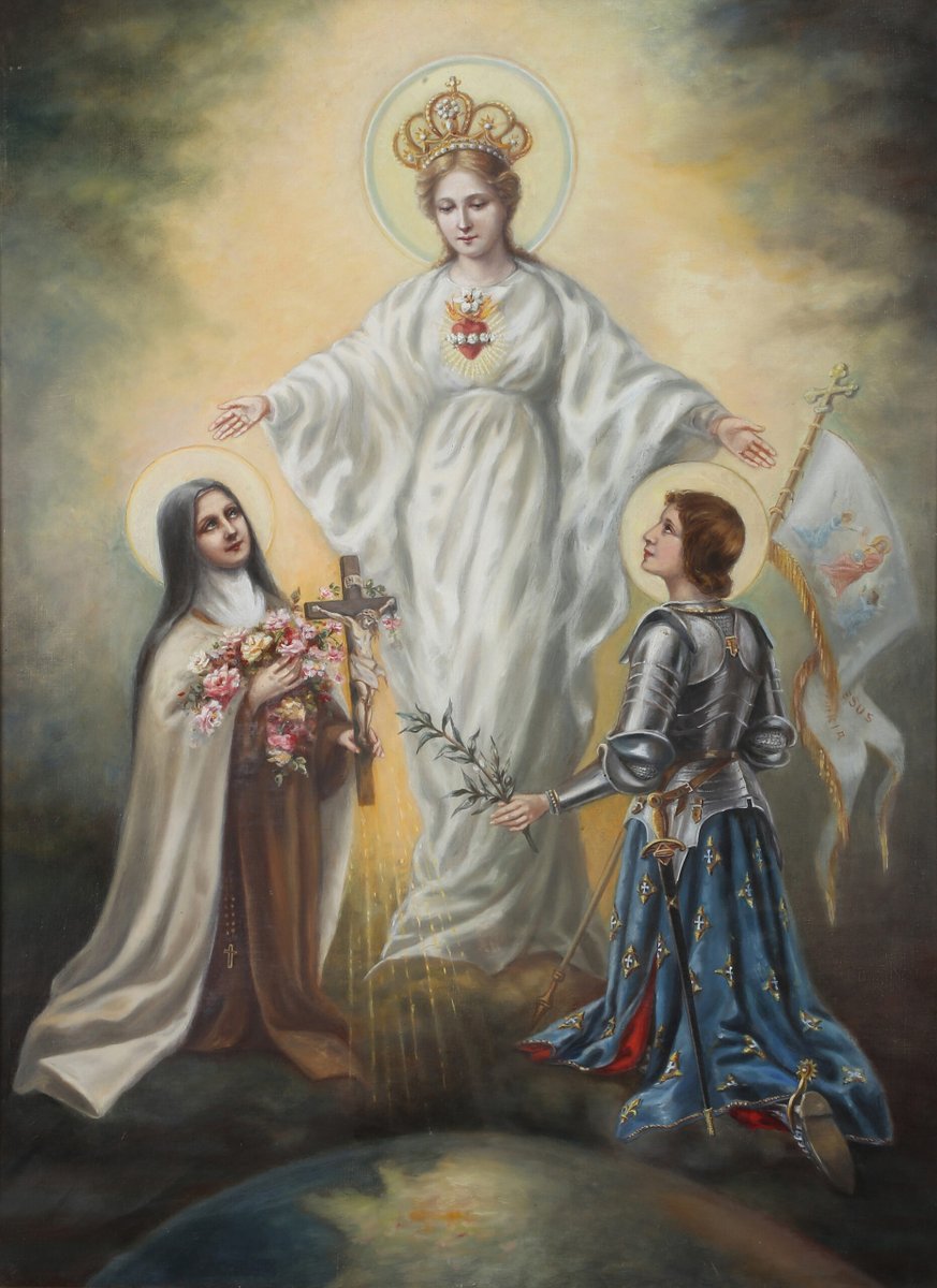 HistoiredeFran7's tweet image. Sainte Vierge Marie, patronne principale de la France, entourée des deux patronnes secondaire de la France, sainte Thérèse de Lisieux, et sainte Jeanne d'arc.