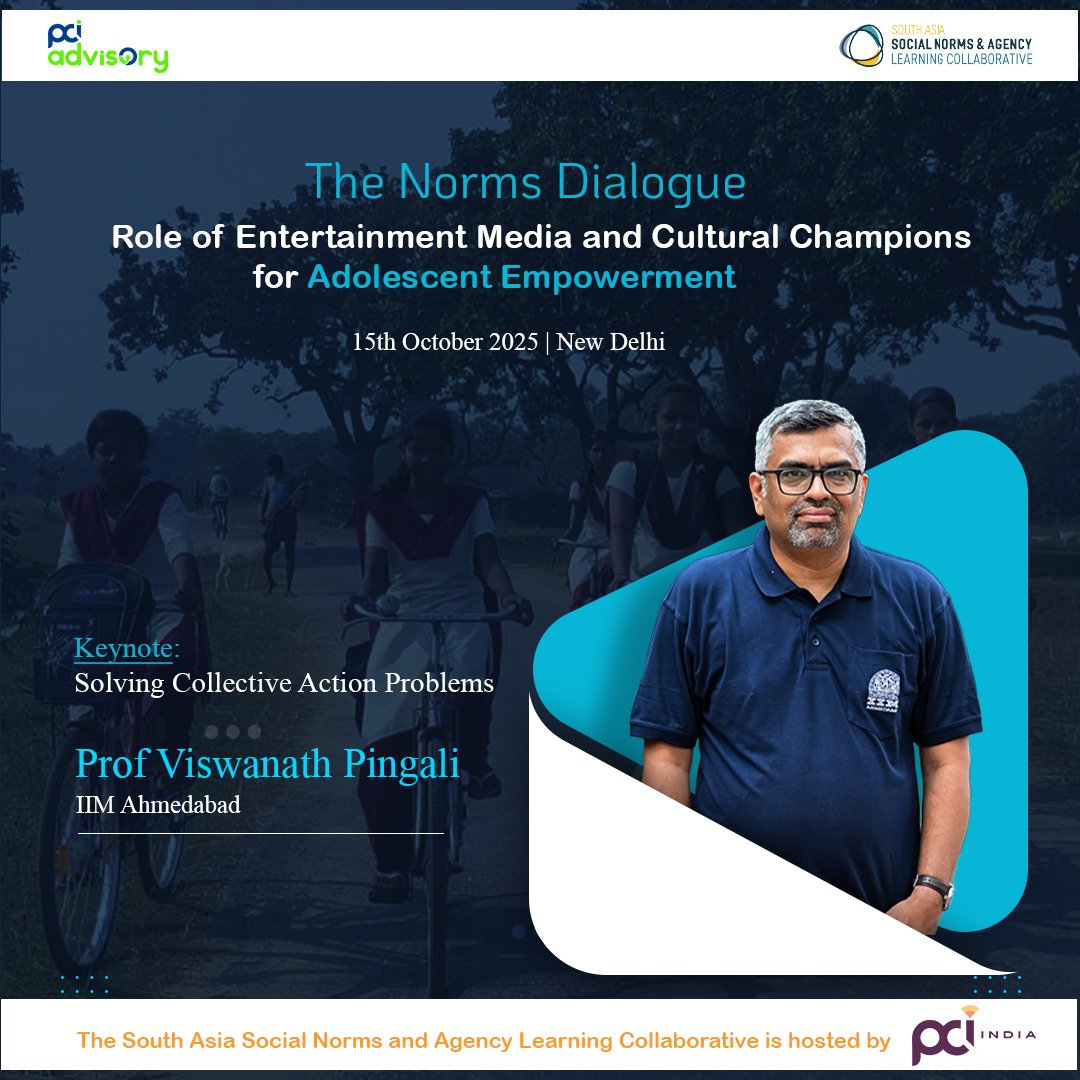 We're excited to welcome Prof Viswanath Pingali, IIM Ahmedabad, as a Keynote Speaker at the #TheNormsDialogue being organised by
<a href="/SocialNormsLC/">Social Norms & Agency Learning Collaborative, SA</a> - a platform hosted by <a href="/PCI_India_/">PCI India</a> . 
🗓 15th October 2025 
📍 New Delhi 
👉Mail vtatkar@pciglobal.in / southasialc@gmail.com to join