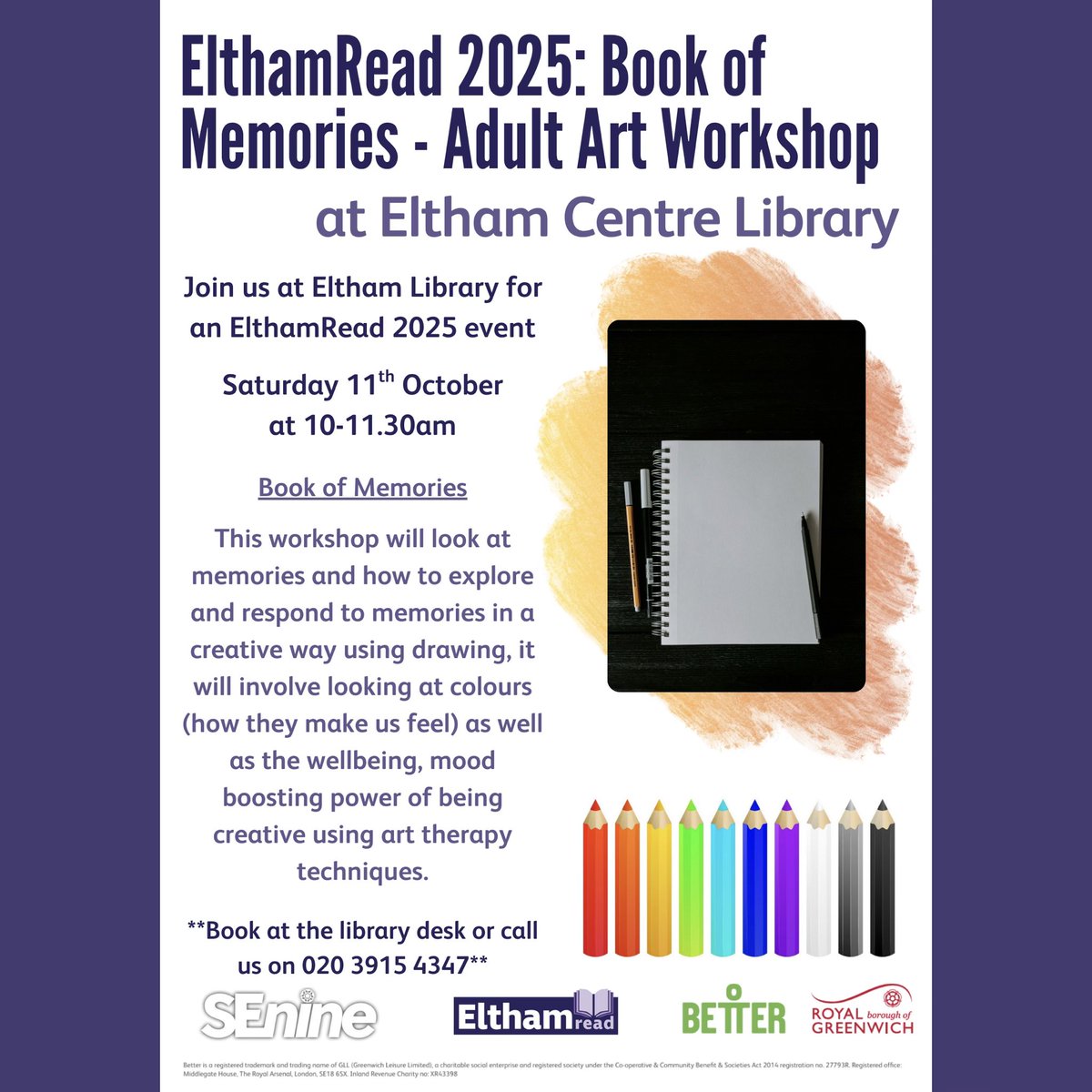 ElthamLibrary's tweet image. We’re hosting #Elthamread 2025: Book of Memories Adult Art Workshop at #ElthamLibrary tomorrow, Saturday 11 October at 10-11.30am. We will be exploring wellbeing alongside learning and using art therapy techniques 🖍️ Call us on 020 3915 4347 to book your place 📚 #LoveYourLibrary