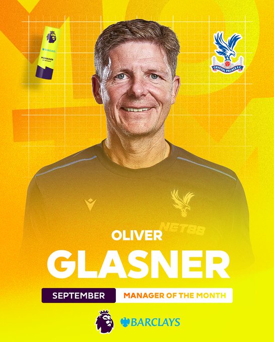 Oliver Glasner, a middle-aged man with short brown hair and smiling expression, wears a black V-neck training top with a small white eagle emblem on the chest, posed against a vibrant yellow background with geometric grid lines. A yellow bottle-like sponsor item sits in the bottom left corner. The Crystal Palace Football Club crest, a blue and red eagle on a shield, appears in the bottom right. Text overlays include OLIVER GLASNER in large white letters, September Manager of the Month in white, and Barclays logo with Premier League branding at the bottom.