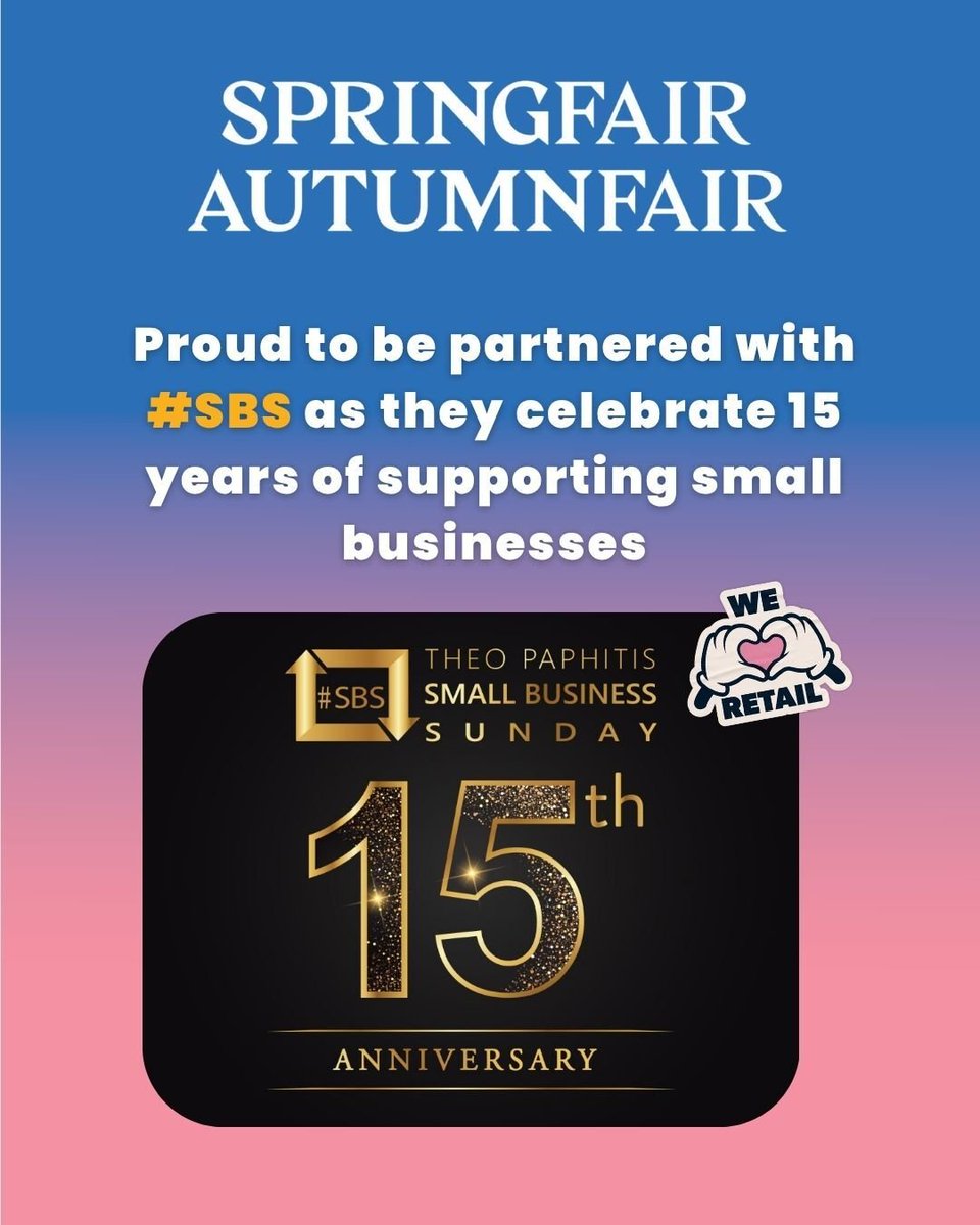 SpringAutFair's tweet image. We are thrilled to join #SBS in celebrating their 15th anniversary. For 15 years, #SBS has been empowering the UK’s entrepreneurs and small business owners. Well done to @TheoPaphitis and Small Business Sunday!🎉
#SBS15 #SupportSmallBiz