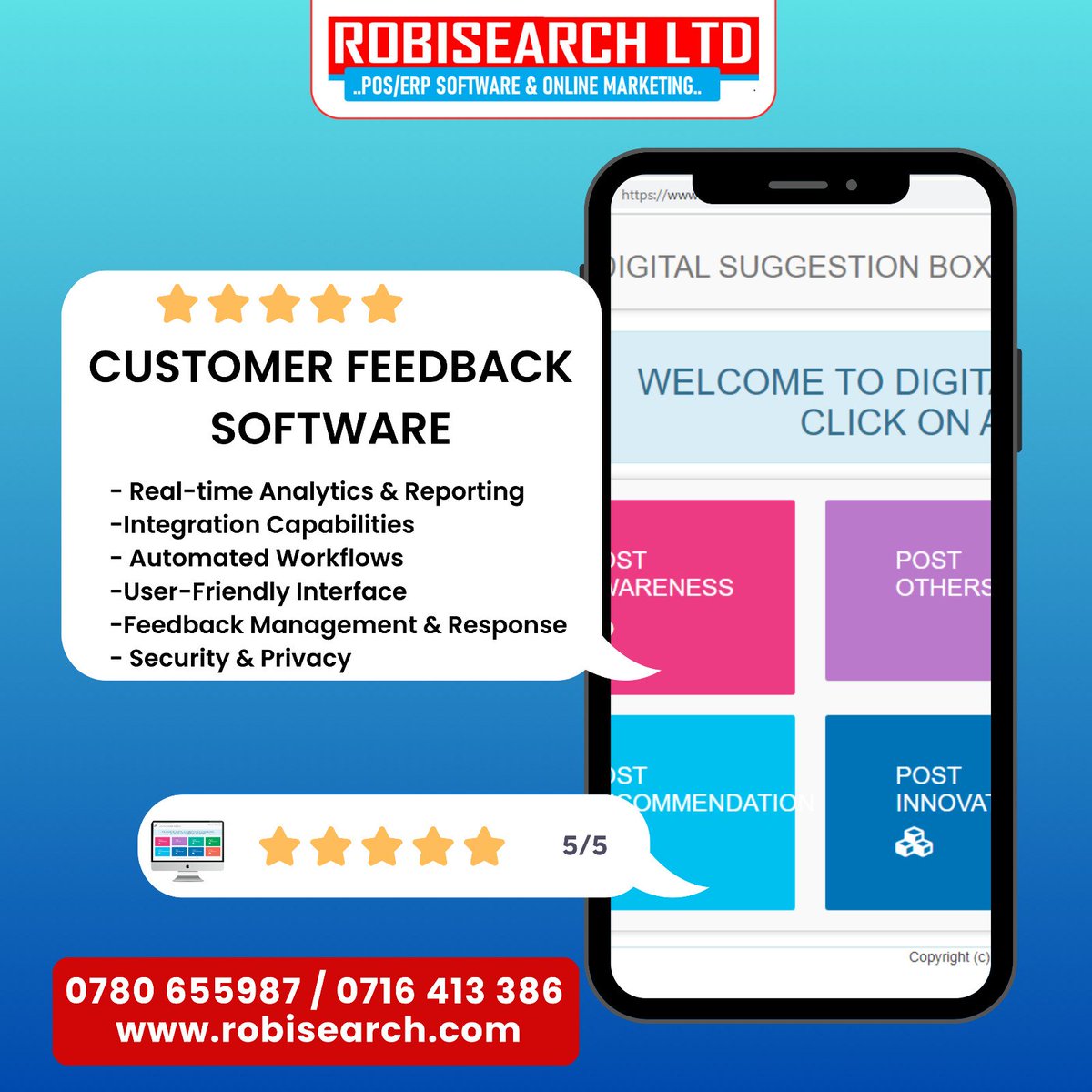 smileycherry2's tweet image. The Robisearch Customer Feedback App creates a direct link between your business and clients.
Receive instant feedback, address complaints, and build trust through transparent communication channels.
RobisearchDigital Soja App #DigitakaNaRobisearch
