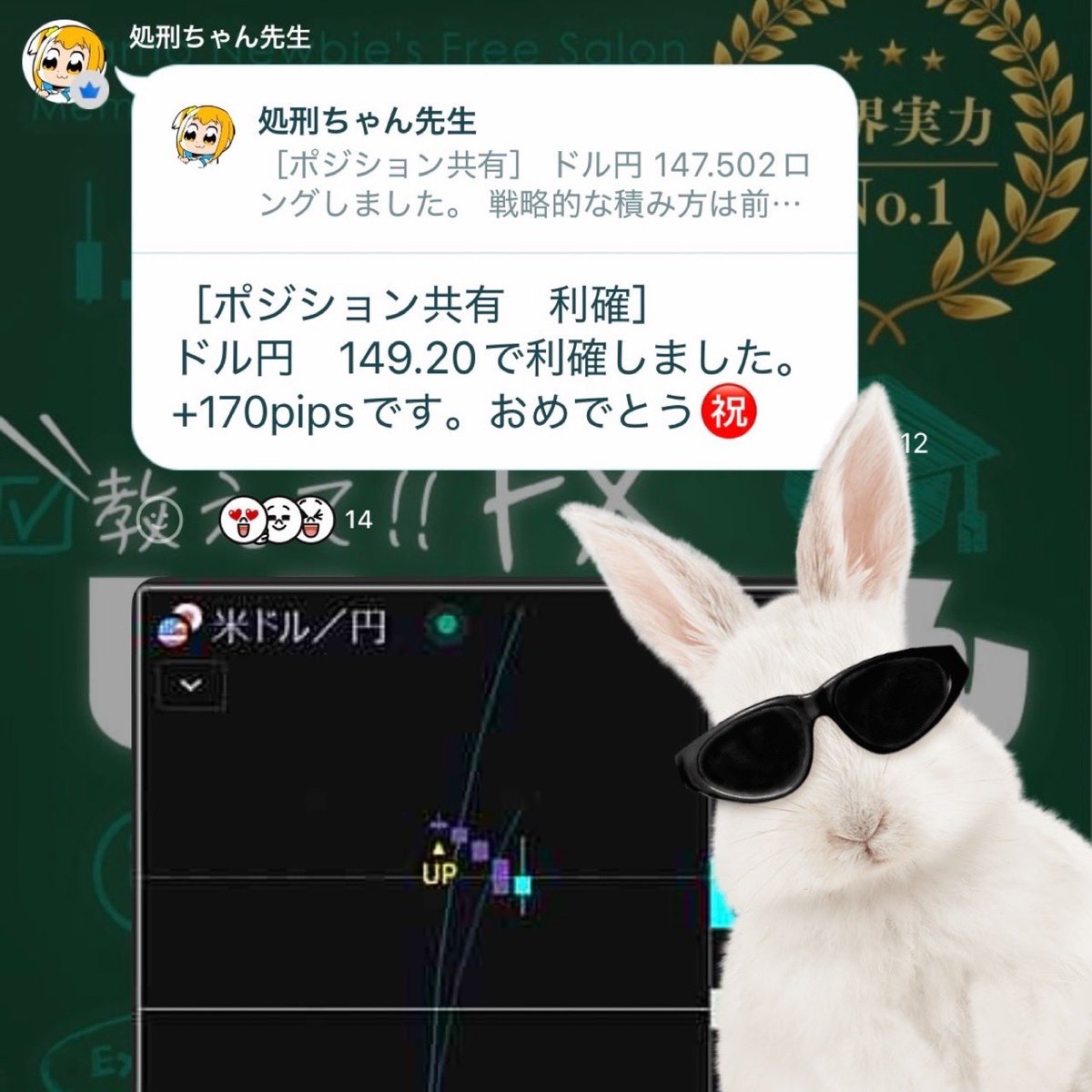 #本日の利確
教えてFX❗️ししゃもん大先生🔰🧸
｢先出しポジションセレクト｣

✅ 講師  処刑ちゃん先生
✅ 通貨  USD JPY
✅ 方向  ロング
✅ 保有  147.502
✅ 利確  149.200
💎 獲得  + 170 pips

#お前等今回も証拠金が増えて良かったな

👉 参加申請はこちら
forms.gle/kYvdW1wDSzCi2k…