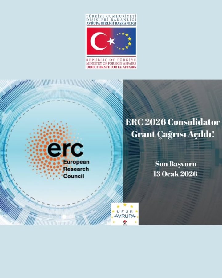 📢 📍 Ufuk Avrupa altında en prestijli bireysel araştırma fonlarından ERC 2026 Consolidator Grant Çağrısı Başvurulara Açıldı!

📅 Son başvuru tarihi: 13 Ocak 2026
🔗 Detaylı bilgi ve başvuru rehberi için: tinyurl.com/9typvkks