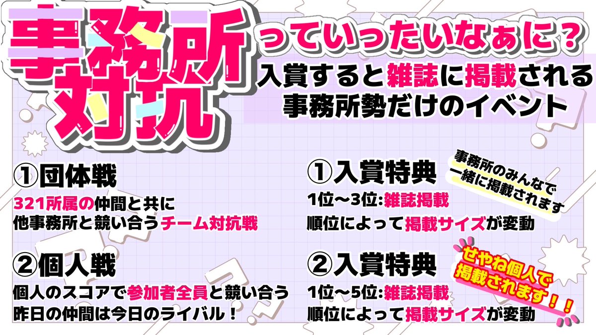 Seyane_07's tweet image. 💫❓事務所対抗っていったいなに❓💫
わかりやすくまとめてました‼️
詳しくは画像をご覧ください🥰💜
せやねは、【個人戦】&【団体戦】
どちらも参加させていただきます!!
個人戦は勿論‼️
団体戦も絶対に1位を取りたいです‼️