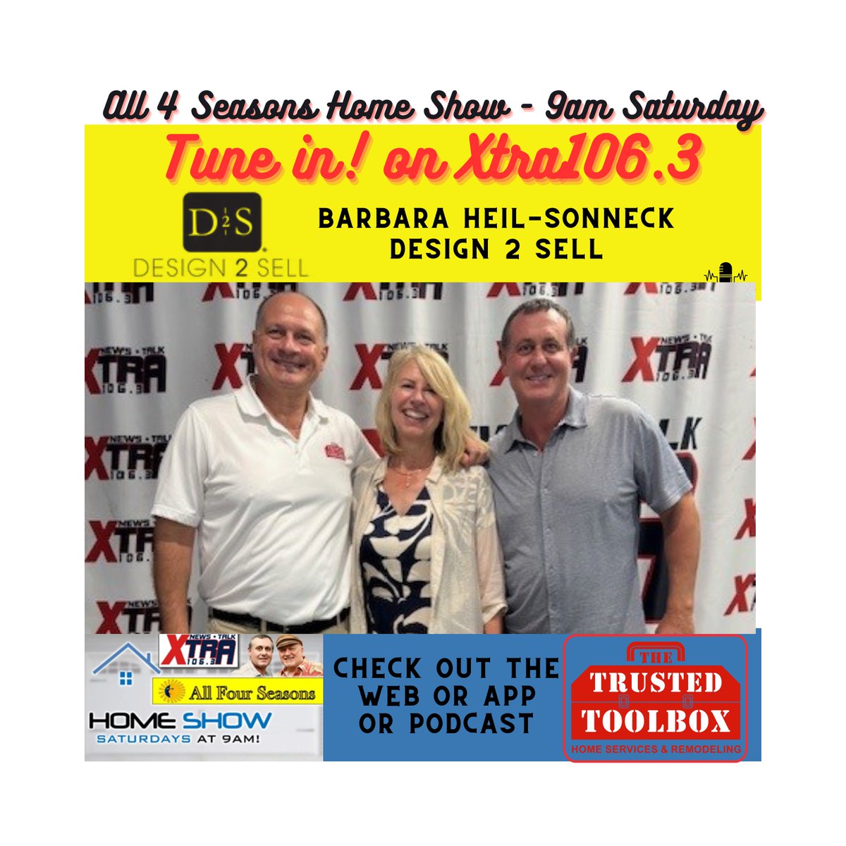 TrustedToolbox's tweet image. 🎙️ Catch Chris on the Radio This Saturday!

He will be joined by Design 2 Sell&apos;s own Barbara Heil-Sonneck  on Xtra 106.3 All 4 Seasons Home Show this Saturday at 9AM!!!!

📻 Set a reminder and join the conversation! Can&apos;t catch it live? Check out the podcast!