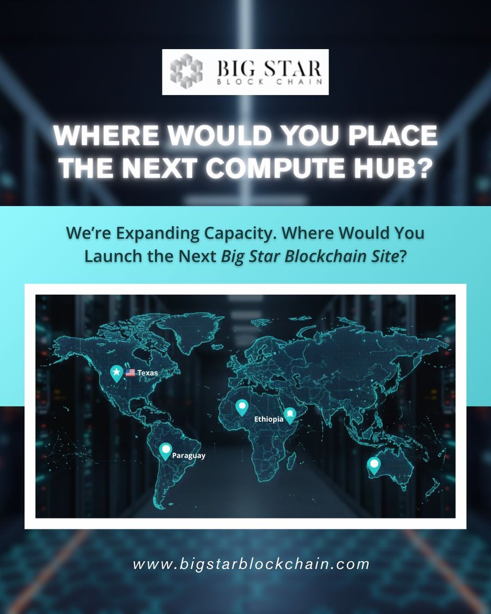 Strategic site placement is key to predictable growth and efficiency. 
🇺🇸 Texas
🇪🇹 Ethiopia
🇵🇾 Paraguay
🌐 Other emerging energy hubs

⚡ Investors: your voice helps shape the future of compute infrastructure.

Vote now in the comments  ⬇️

Visit bigstarblockchain.com

#BiXBiT