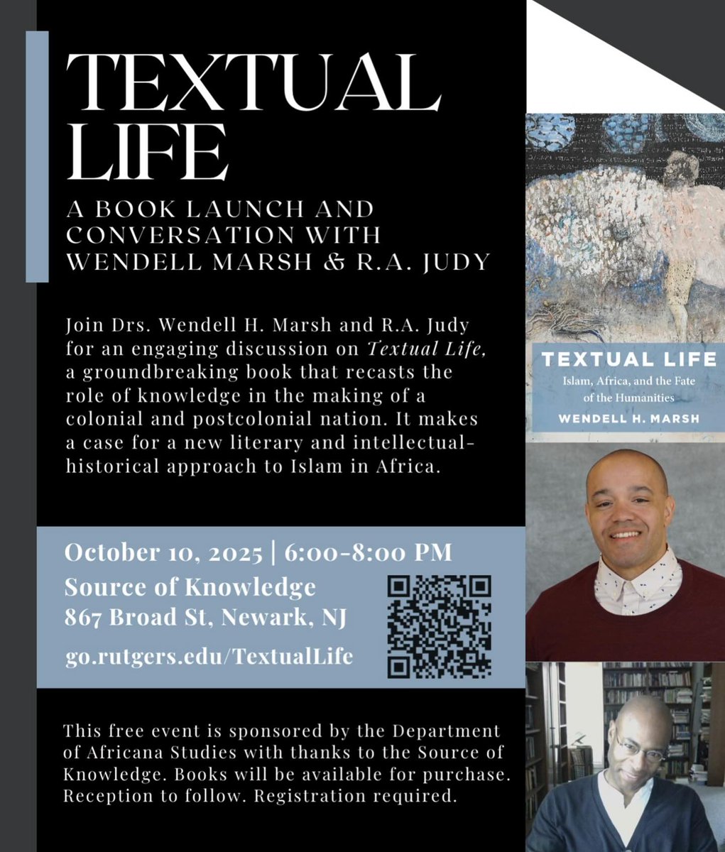 TONIGHT! 

Join us for the book launch of Textual Life, a “seminal work of profoundly diligent scholarship and brilliance” with Professor and <a href="/sawyerrunewark/">Sawyer Seminar at Rutgers Newark</a> Co-organizer Wendell Marsh and Professor R.A. Judy.

Register at go.rutgers.edu/TextualLife