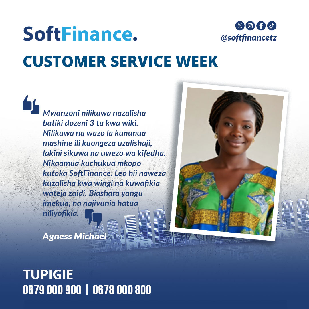 softfinancetz's tweet image. 𝐒𝐨𝐟𝐭𝐟𝐢𝐧𝐚𝐧𝐜𝐞 𝐭𝐮𝐧𝐚𝐤𝐮𝐰𝐞𝐳𝐞𝐬𝐡𝐚 𝐤𝐮𝐤𝐮𝐳𝐚 𝐦𝐭𝐚𝐣𝐢.

Tunampongeza Agness kwa uthubutu.

𝑩𝒊𝒅𝒊𝒊 𝒏𝒂 𝒎𝒂𝒍𝒆𝒏𝒈𝒐 𝒉𝒖𝒍𝒆𝒕𝒂 𝒎𝒂𝒇𝒂𝒏𝒊𝒌𝒊𝒐 
#MpangoPesa 
#CustomerServiceWeek